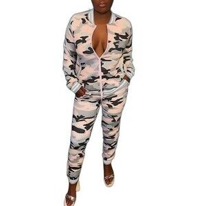 Tracksuit Set Joggers Sweatsuit Outfit Pink Camo Zip Up Jacket Bling Women's 10
